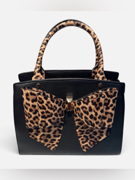 None Handbags - Black Satchel with Leopard Bow Accent